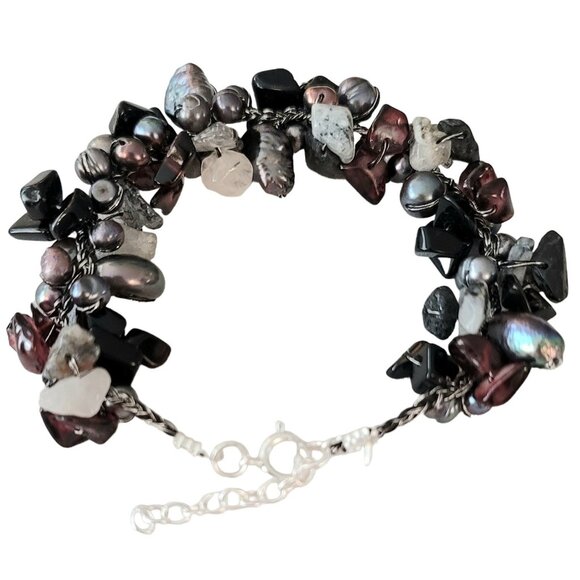 Sterling Silver Peacock Baroque Pearl Garnet Quart Cluster Bracelet, 7.5" L E541 - Picture 1 of 4